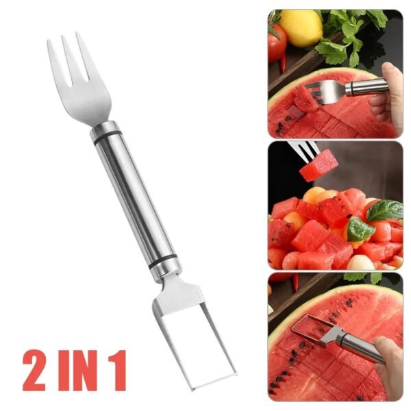 2 In 1 Watermelon Cutter Slicer Tool Fork Stainless Steel Watermelon Fruit Slicer Fruit Salad Knife Fork Tool Kitchen Gadget - Image 2